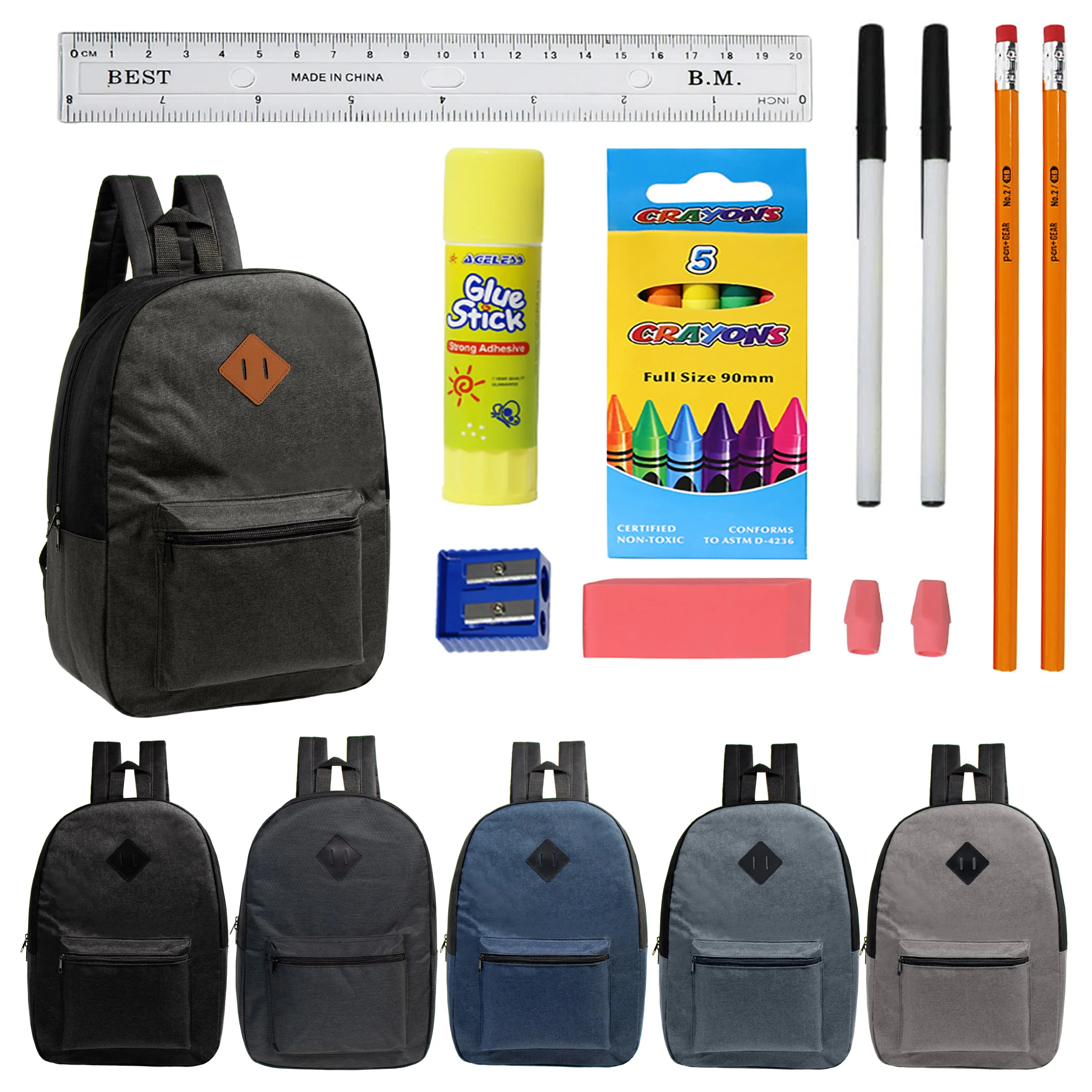 12 Wholesale 17" Backpacks in Assorted Colors with a Diamond Patch & 12 Bulk School Supply Kits of Your Choice