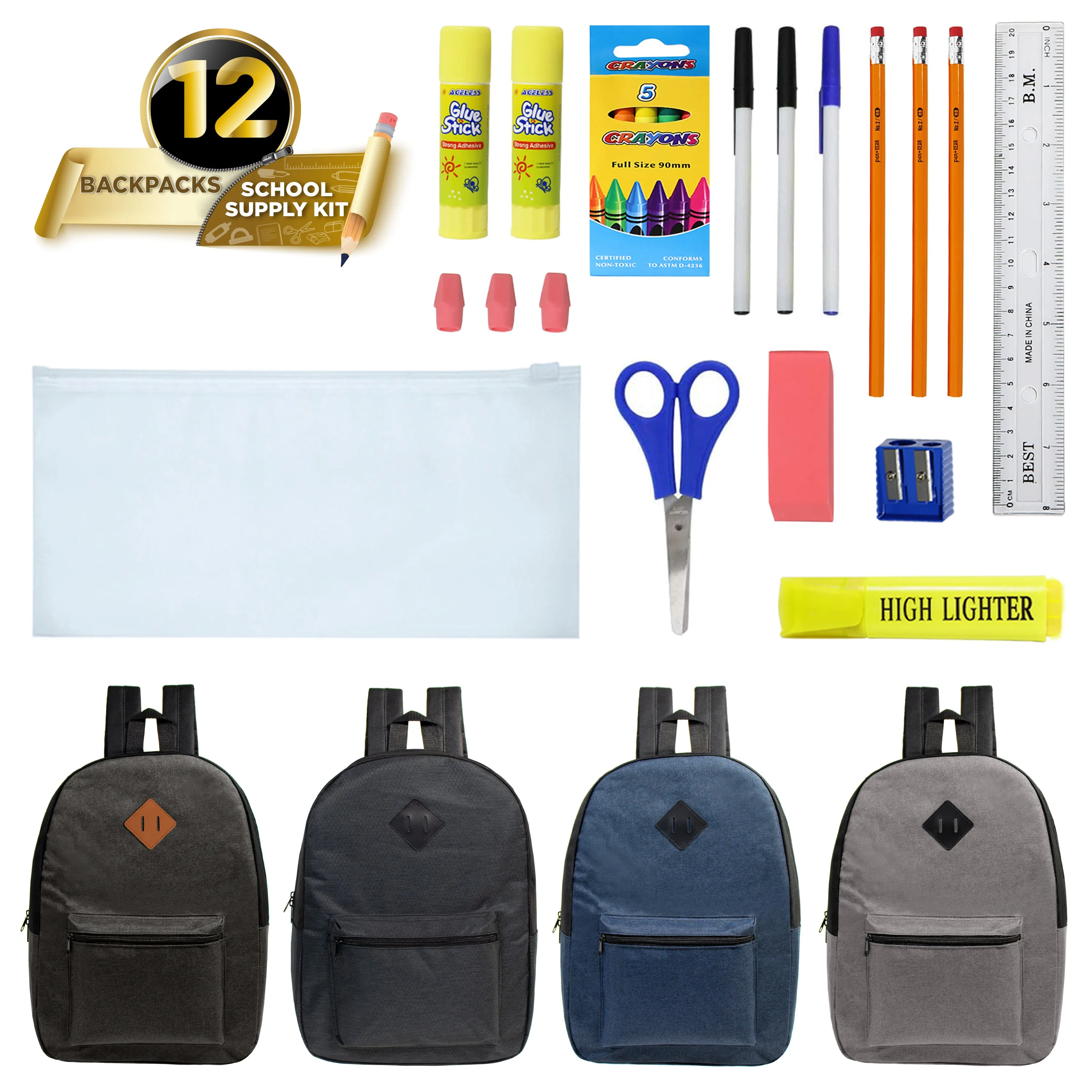 12 Wholesale Diamond Patch Backpacks in 4 Colors & 12 Bulk School Supply Kits of Your Choice