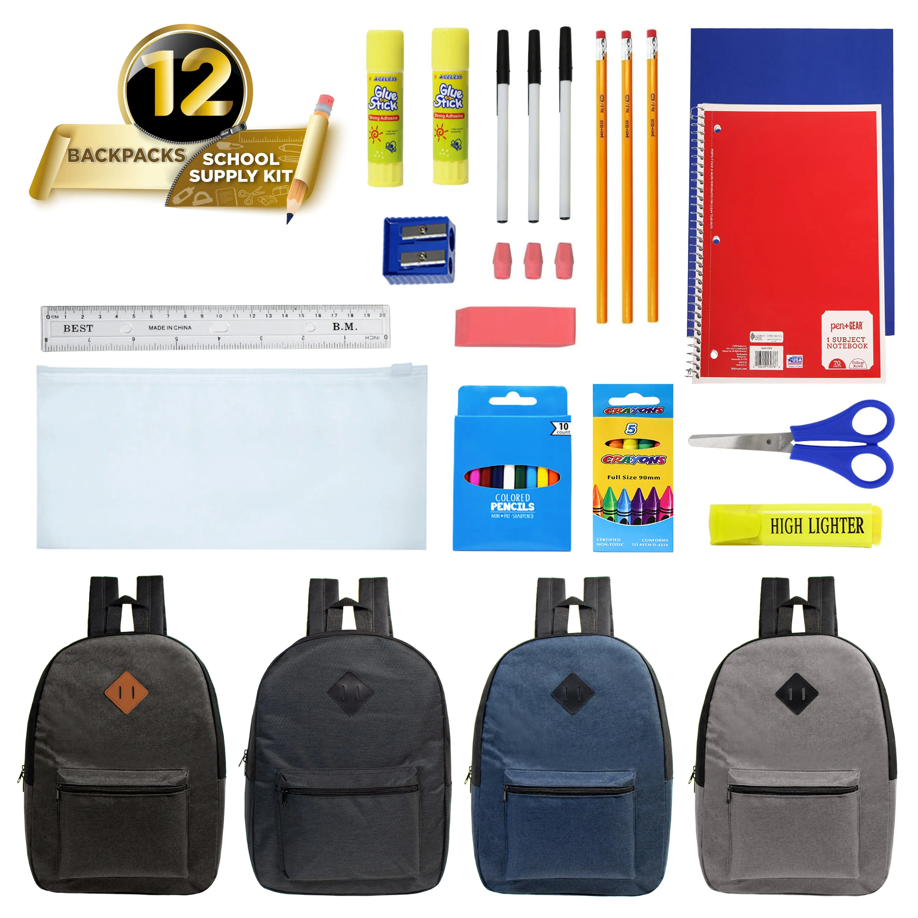 12 Wholesale Diamond Patch Backpacks in 4 Colors & 12 Bulk School Supply Kits of Your Choice