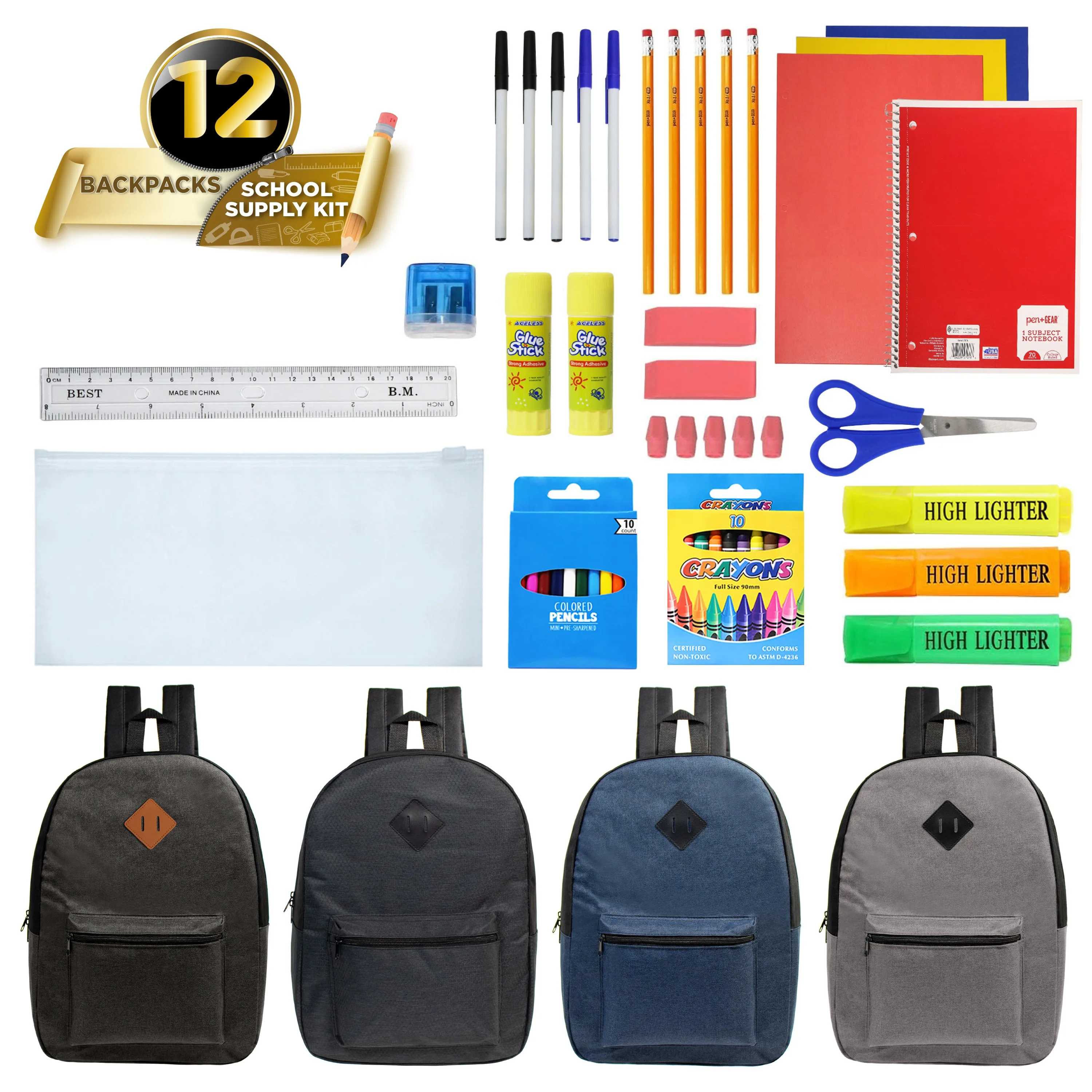 12 Wholesale Diamond Patch Backpacks in 4 Colors & 12 Bulk School Supply Kits of Your Choice