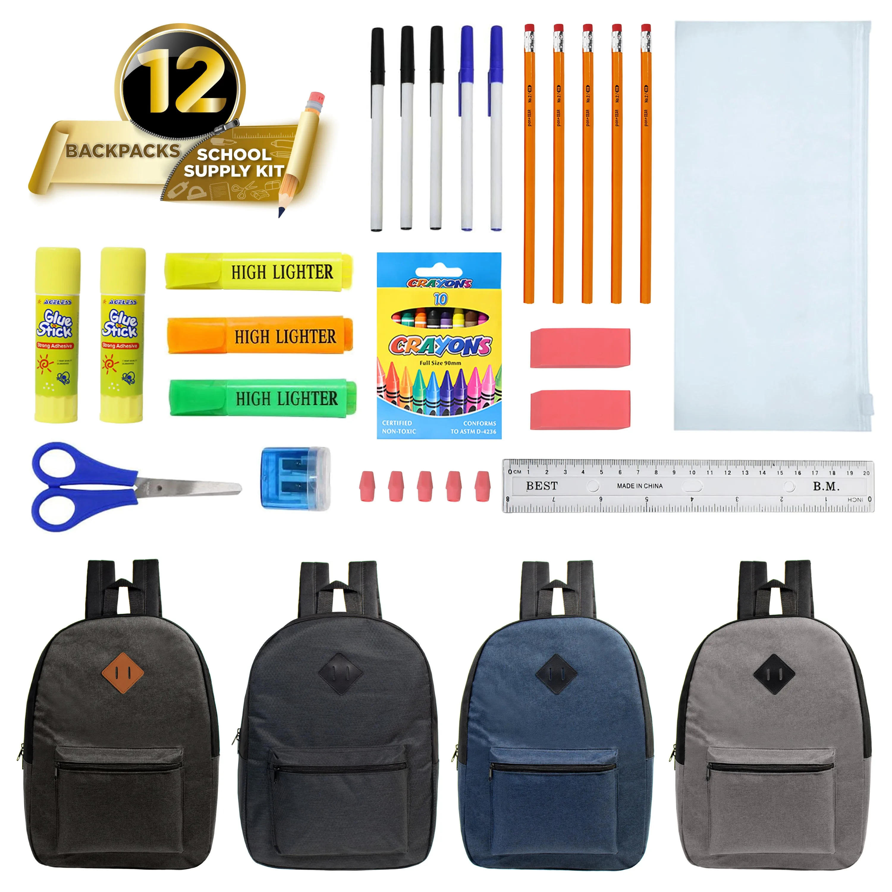 12 Wholesale Diamond Patch Backpacks in 4 Colors & 12 Bulk School Supply Kits of Your Choice